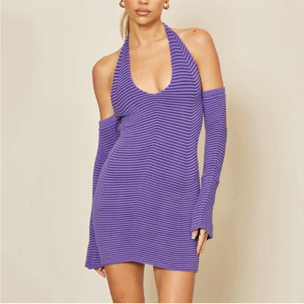 Runaway The Label Purple Nadia Halter Off Shoulder Mini Dress